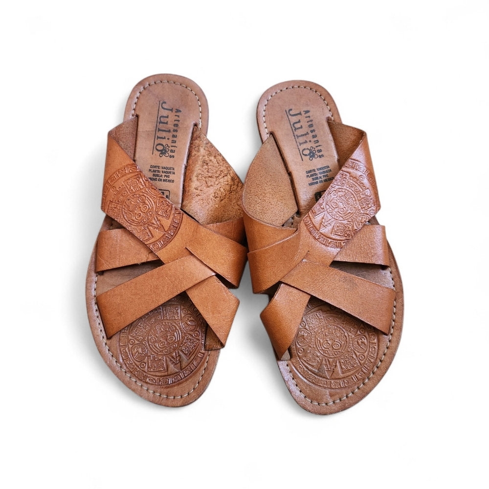 Brown Leather Cross-Strap Sandals Spanish